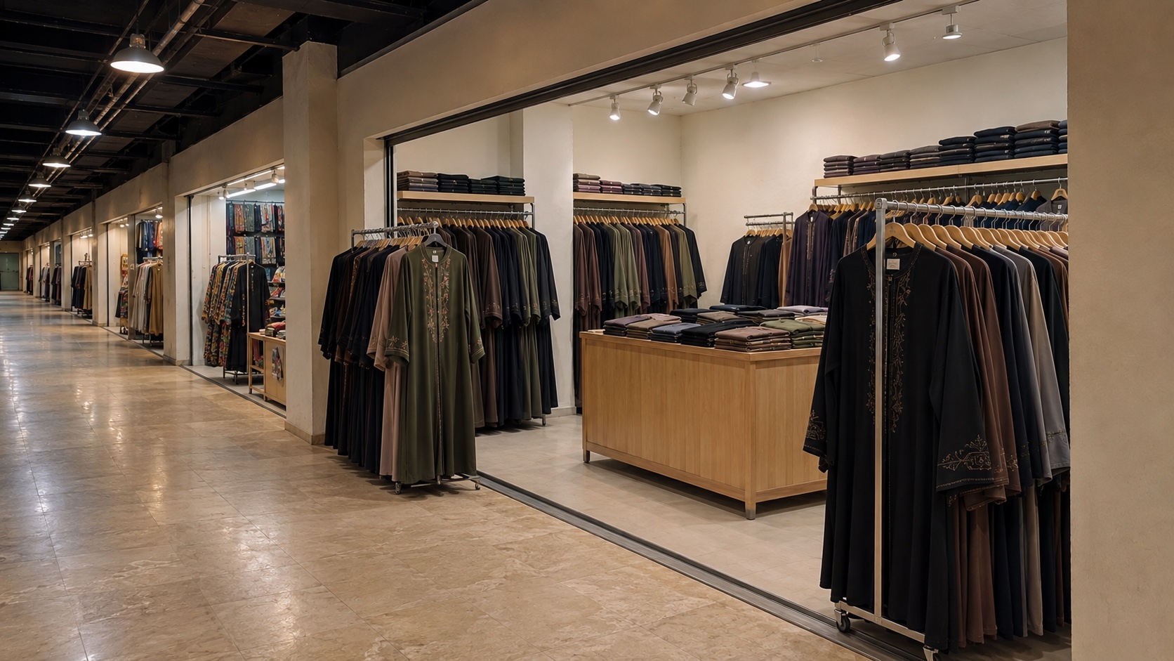 Affordable open-front abaya and alterations shop in a mall